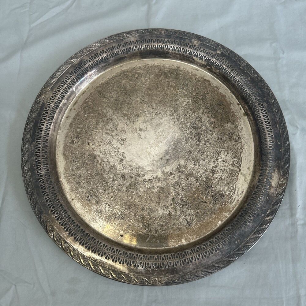 Vintage Wm Rogers & Son 15" Round Silverplate Serving Tray "Spring Flowers" 2072
